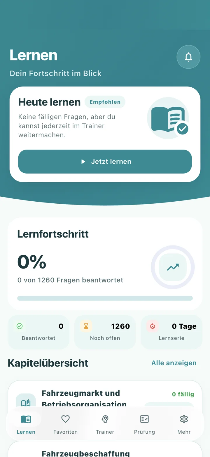 Automobilkaufleute: Lernübersicht – echter App-Screenshot